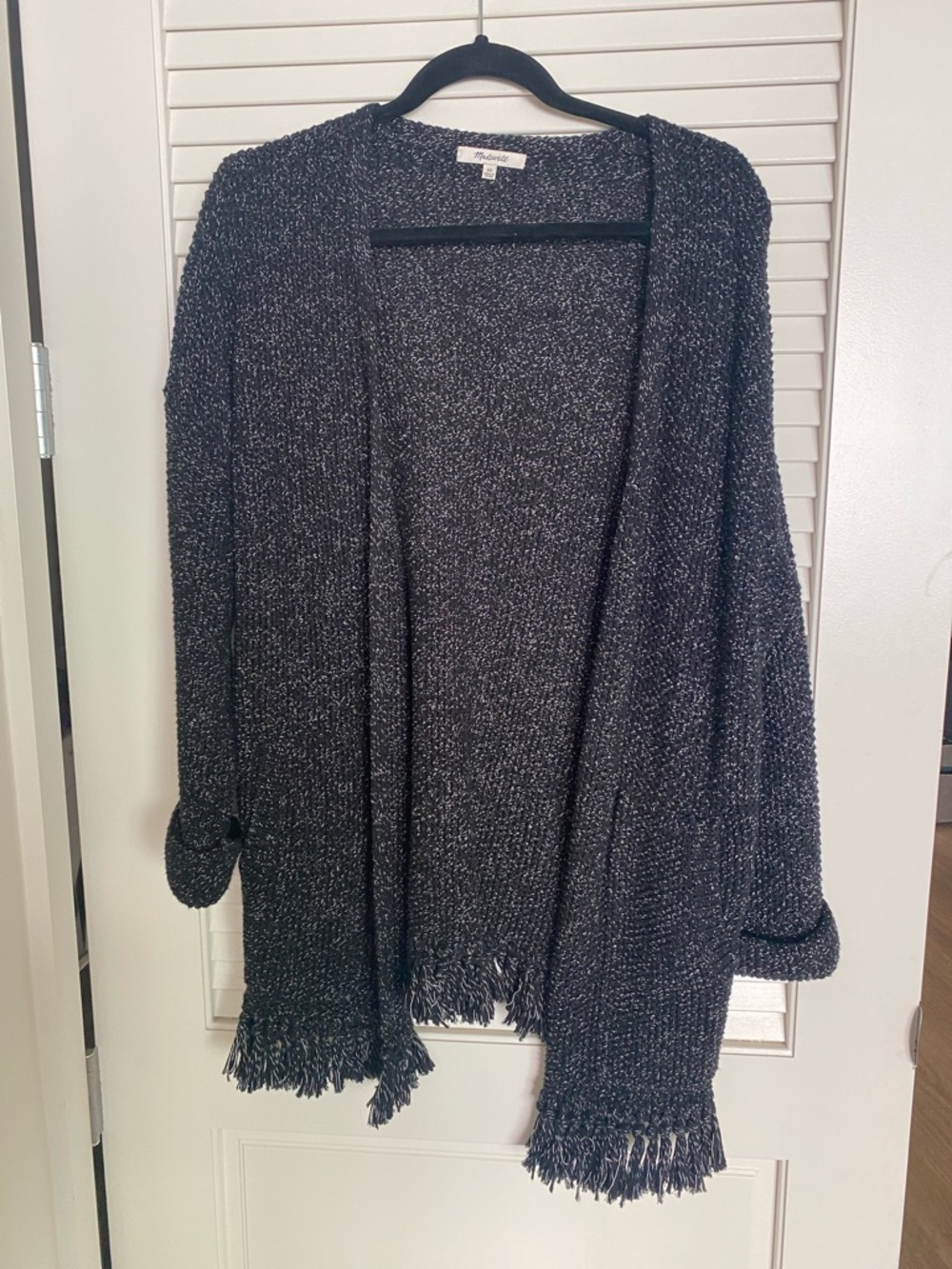 Madewell Black Textured Open-Front Fringe Cardigan